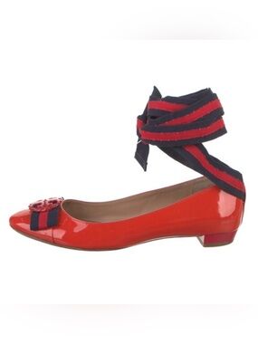 Tory Burch Maritime Ankle Wrap Ballet Flats Red Navy Patent Size 9